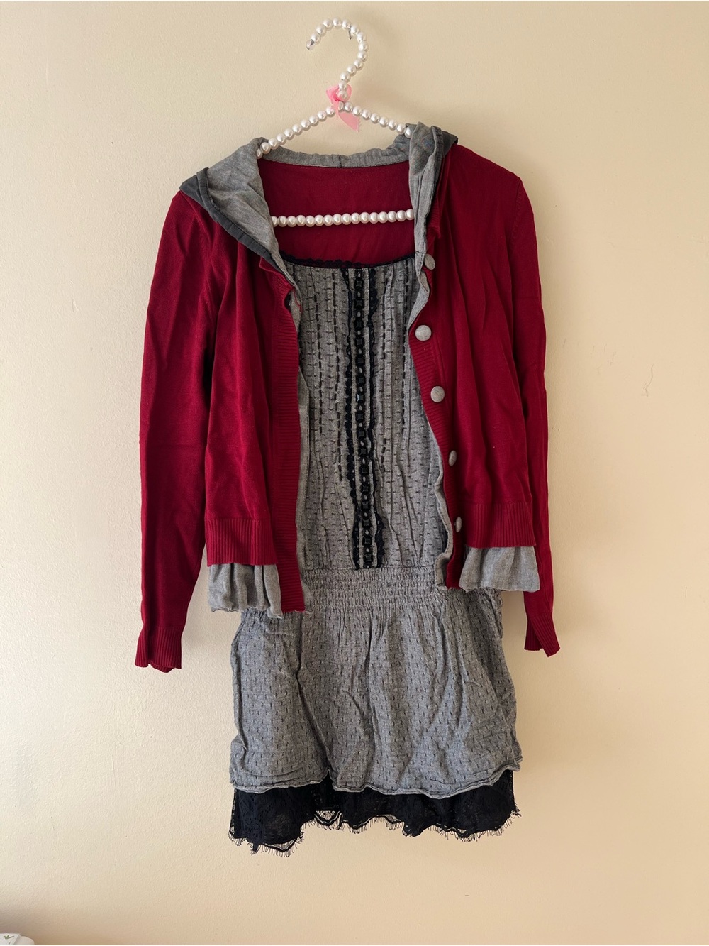 Women's Red Hooded Cardigan Layered Dress Set - Brand Unspecified